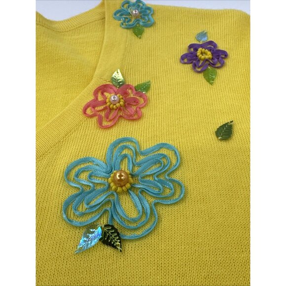 Jack B. Quick Sweater Womens Large Yellow Flamingo Florida Sequins Vacation 90s - Picture 4 of 12